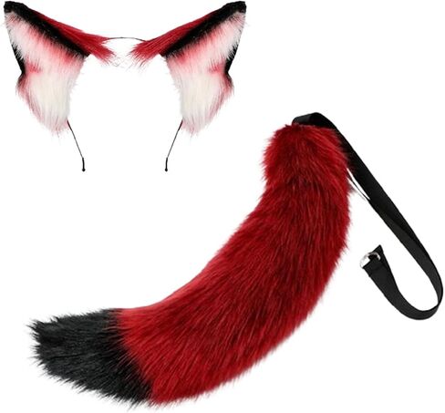 2 Pcs Claret Red Wolf Ears and Tail Set, Cat Ears Headband Wolf Fox Tail Set, Handmade Cosplay Fox Costume for Halloween Party Costume Accessories, Masquerade Balls in Kuwait