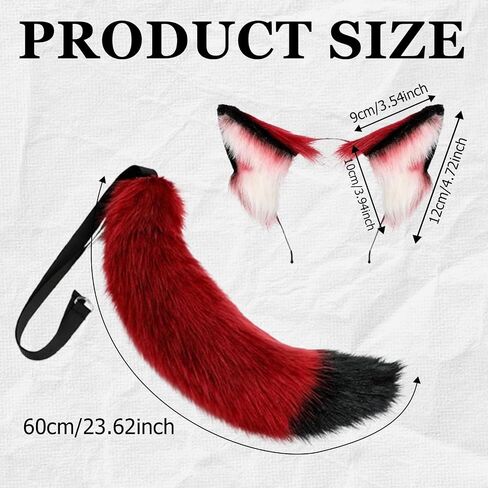 2 Pcs Claret Red Wolf Ears and Tail Set, Cat Ears Headband Wolf Fox Tail Set, Handmade Cosplay Fox Costume for Halloween Party Costume Accessories, Masquerade Balls in Kuwait
