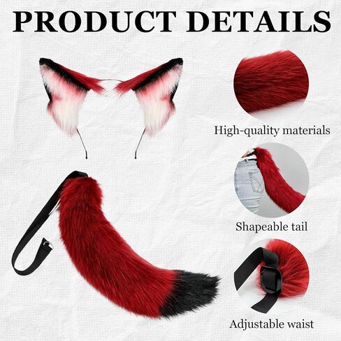 2 Pcs Claret Red Wolf Ears and Tail Set, Cat Ears Headband Wolf Fox Tail Set, Handmade Cosplay Fox Costume for Halloween Party Costume Accessories, Masquerade Balls in Kuwait