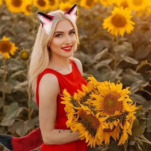 2 Pcs Claret Red Wolf Ears and Tail Set, Cat Ears Headband Wolf Fox Tail Set, Handmade Cosplay Fox Costume for Halloween Party Costume Accessories, Masquerade Balls in Kuwait