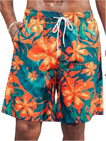 WDIRARA Men's Tropical Print Swim Trunks Drawstring Waist Hawaiian Beach Vacation Shorts with Pockets in Kuwait