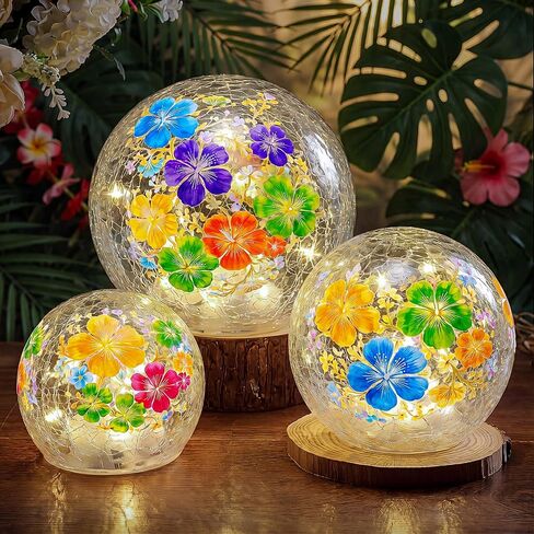 Rossesay 3 Pcs Hawaii Garden Hibiscus LED Outdoor Decor Cracked Glass Ball Lights Summer Luau Party Tropical Orb Globe Night Light for Yard Patio Lawn Pool Home, 3 Size Battery-Powered Floral Lamp in Kuwait