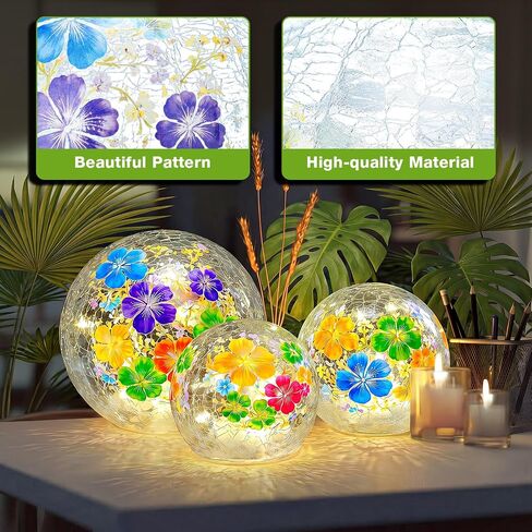 Rossesay 3 Pcs Hawaii Garden Hibiscus LED Outdoor Decor Cracked Glass Ball Lights Summer Luau Party Tropical Orb Globe Night Light for Yard Patio Lawn Pool Home, 3 Size Battery-Powered Floral Lamp in Kuwait