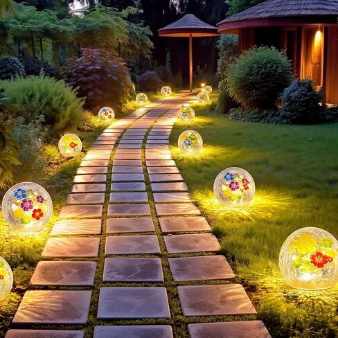 Rossesay 3 Pcs Hawaii Garden Hibiscus LED Outdoor Decor Cracked Glass Ball Lights Summer Luau Party Tropical Orb Globe Night Light for Yard Patio Lawn Pool Home, 3 Size Battery-Powered Floral Lamp in Kuwait