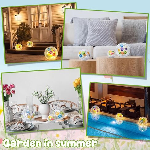 Rossesay 3 Pcs Hawaii Garden Hibiscus LED Outdoor Decor Cracked Glass Ball Lights Summer Luau Party Tropical Orb Globe Night Light for Yard Patio Lawn Pool Home, 3 Size Battery-Powered Floral Lamp in Kuwait