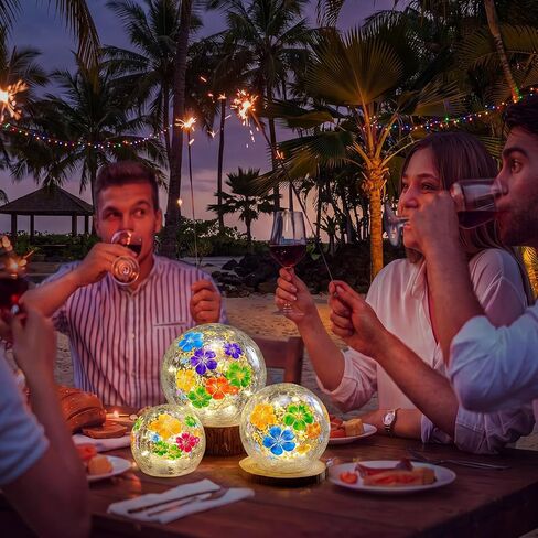 Rossesay 3 Pcs Hawaii Garden Hibiscus LED Outdoor Decor Cracked Glass Ball Lights Summer Luau Party Tropical Orb Globe Night Light for Yard Patio Lawn Pool Home, 3 Size Battery-Powered Floral Lamp in Kuwait