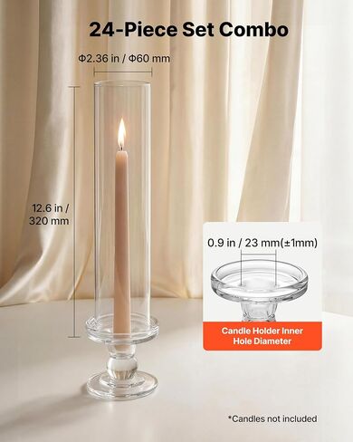 VEVOR Hurricane Candle Holders Set of 24, 12.6 in Tall Clear Glass Taper Candle Holders, High Borosilicate Glass, 2.36 in Cylinder for Wedding, Table Centerpiece, Party, Home Decor, Wind Protection in Kuwait