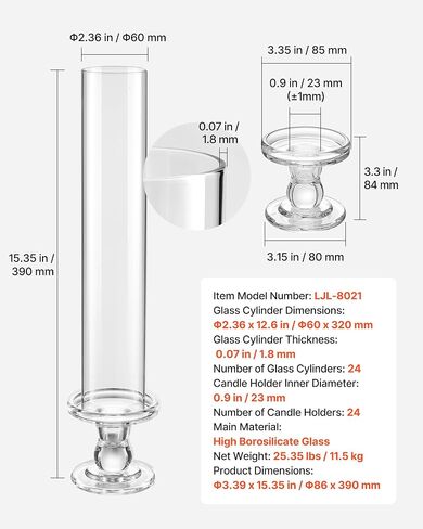 VEVOR Hurricane Candle Holders Set of 24, 12.6 in Tall Clear Glass Taper Candle Holders, High Borosilicate Glass, 2.36 in Cylinder for Wedding, Table Centerpiece, Party, Home Decor, Wind Protection in Kuwait
