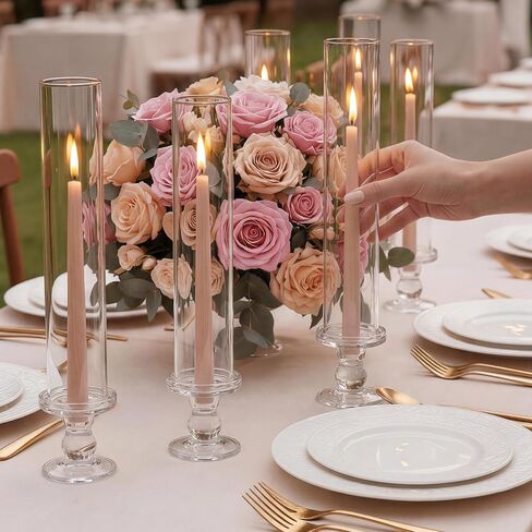 VEVOR Hurricane Candle Holders Set of 24, 12.6 in Tall Clear Glass Taper Candle Holders, High Borosilicate Glass, 2.36 in Cylinder for Wedding, Table Centerpiece, Party, Home Decor, Wind Protection in Kuwait