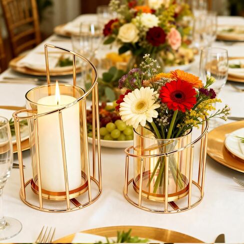 2PCS Metal Wire Candle Holder, Glass Pillar Candle Holders Gold Decorative Tea Light Candleholders for Party Wedding Dinners Decor Decorative Flower Vase Office Living Room in Saudi Arabia