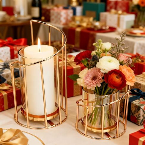2PCS Metal Wire Candle Holder, Glass Pillar Candle Holders Gold Decorative Tea Light Candleholders for Party Wedding Dinners Decor Decorative Flower Vase Office Living Room in Saudi Arabia