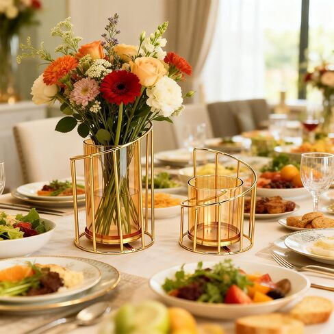 2PCS Metal Wire Candle Holder, Glass Pillar Candle Holders Gold Decorative Tea Light Candleholders for Party Wedding Dinners Decor Decorative Flower Vase Office Living Room in Saudi Arabia