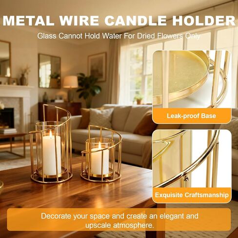 2PCS Metal Wire Candle Holder, Glass Pillar Candle Holders Gold Decorative Tea Light Candleholders for Party Wedding Dinners Decor Decorative Flower Vase Office Living Room in Saudi Arabia