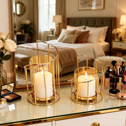 2PCS Metal Wire Candle Holder, Glass Pillar Candle Holders Gold Decorative Tea Light Candleholders for Party Wedding Dinners Decor Decorative Flower Vase Office Living Room in Saudi Arabia