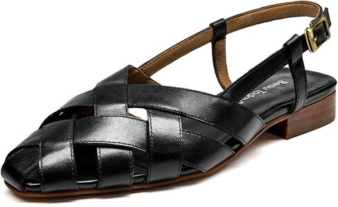 BEAU TODAY Women's Woven Slingback Fisherman Sandals, Closed Toe Low Heel | Cowhide leather upper, woven closed toe design, buckle detail slingback strap, microfiber footbed, and low block heel in Kuwait