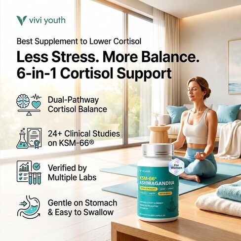 KSM-66 Ashwagandha Cortisol Supplement for Women with L-Theanine, GABA, Saffron, Magnesium Glycinate and Vitamin D3 for Calm Focus, Mood Balance-Gluten Free, GMO Free - 60 Vegan Capsules in Saudi Arabia