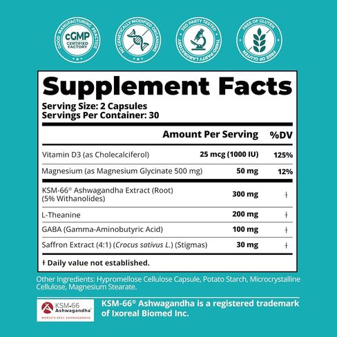 KSM-66 Ashwagandha Cortisol Supplement for Women with L-Theanine, GABA, Saffron, Magnesium Glycinate and Vitamin D3 for Calm Focus, Mood Balance-Gluten Free, GMO Free - 60 Vegan Capsules in Saudi Arabia