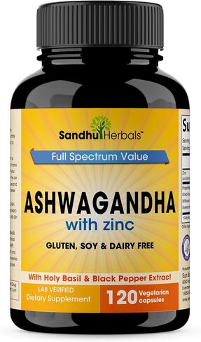 SANDHUHERBALS Organic Ashwagandha Capsules 120 Count | 4 in 1 with Zinc, Black Pepper & Holy Basil Extract | Supports Immune Health | Non-GMO | for Men & Women | 2 Months Supply in Saudi Arabia
