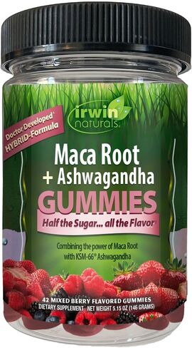 علكات Irwin Naturals Maca Root + Ashwagandha، الإجهاد التكيفي، دعم الطاقة والحيوية، نباتي، 42 علكة in Kuwait