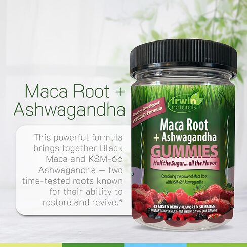علكات Irwin Naturals Maca Root + Ashwagandha، الإجهاد التكيفي، دعم الطاقة والحيوية، نباتي، 42 علكة in Kuwait