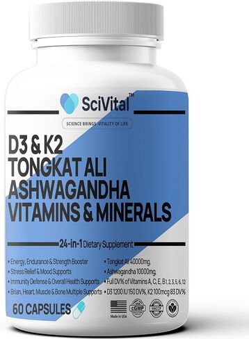 Ashwagandha Extract 200mg 20:1 Tongkat Ali Extract 200mg 50:1 Supplement with Multivitamin D3 K2 - Men's Health & Stress, Mood, Energy, Endurance Support - Made in USA - 60 Count in Saudi Arabia