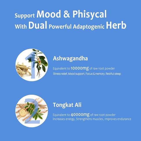 Ashwagandha Extract 200mg 20:1 Tongkat Ali Extract 200mg 50:1 Supplement with Multivitamin D3 K2 - Men's Health & Stress, Mood, Energy, Endurance Support - Made in USA - 60 Count in Saudi Arabia