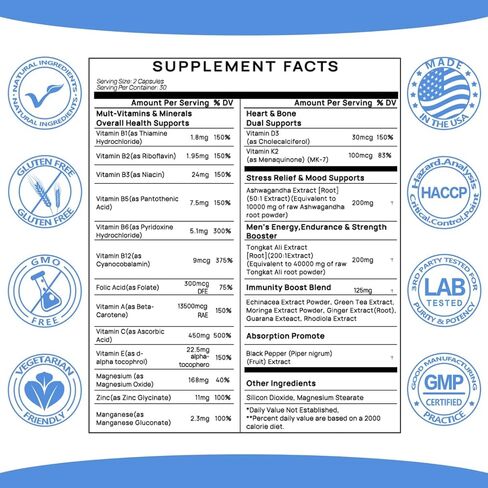 Ashwagandha Extract 200mg 20:1 Tongkat Ali Extract 200mg 50:1 Supplement with Multivitamin D3 K2 - Men's Health & Stress, Mood, Energy, Endurance Support - Made in USA - 60 Count in Saudi Arabia