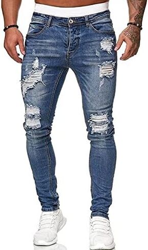 Men's Ripped Skinny Jeans Distressed Stretch Denim Pants Slim Fit Tapered Leg with Side Pockets Casual Streetwear in Kuwait