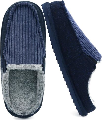 ONCAI Mens Slippers,Warm Comfort Memory Foam Cotton-Blend Corduroy Stripe Faux Fur House Shoes for Man Indoor/Outdoor with Non-slip Rubber Soles US Size 7-16 in Kuwait
