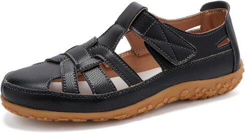 Closed Toe Leather Sandals For Women 2026,Orthopedic Arch Support Round Adjustable Hook Loafer Soft Sole Ankle Strap Sandal Hollow Out Non-Slip Beach Breathable Lightweight Walking Shoes in Kuwait
