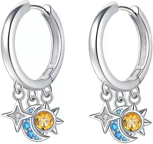 Celestial Hoop Earrings for Women, CZ Star Moon Planet Huggie Hoop Earrings, S925 Hypoallergenic Earrings for Sensitive Ears,Silver Gold Dangle Earrings, Gift Box Included in Saudi Arabia