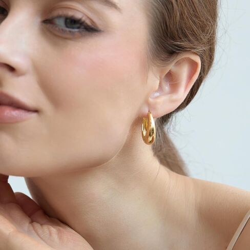 Gelanmeng Small Chunky Hoop Earrings for women 14k Gold Plated 925 Sterling Silver Oval Thick Hoops Earrings Lightweight Teardrop Hoop Earrings Jewelry Gifts for Women in Saudi Arabia