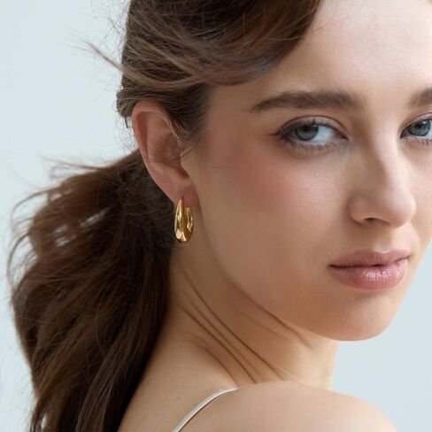 Gelanmeng Small Chunky Hoop Earrings for women 14k Gold Plated 925 Sterling Silver Oval Thick Hoops Earrings Lightweight Teardrop Hoop Earrings Jewelry Gifts for Women in Saudi Arabia