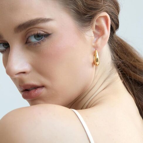 Gelanmeng Small Chunky Hoop Earrings for women 14k Gold Plated 925 Sterling Silver Oval Thick Hoops Earrings Lightweight Teardrop Hoop Earrings Jewelry Gifts for Women in Saudi Arabia