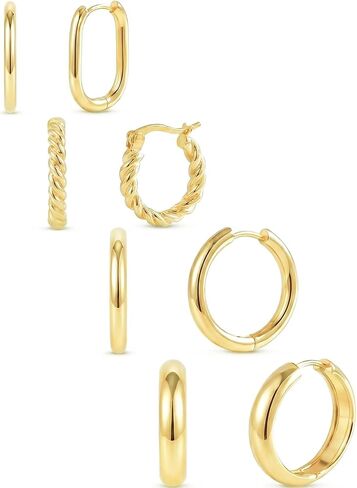 4 Pairs Gold Hoop Earrings for Women - 14K Gold Plated 316 Stainless Steel, Hypoallergenic Lightweight Huggie & Twisted Hoop Earring Set 20/22/24/25 mm in Saudi Arabia