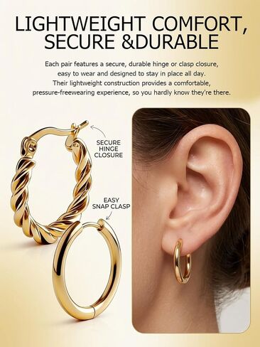 4 Pairs Gold Hoop Earrings for Women - 14K Gold Plated 316 Stainless Steel, Hypoallergenic Lightweight Huggie & Twisted Hoop Earring Set 20/22/24/25 mm in Saudi Arabia