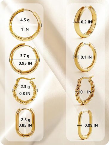 4 Pairs Gold Hoop Earrings for Women - 14K Gold Plated 316 Stainless Steel, Hypoallergenic Lightweight Huggie & Twisted Hoop Earring Set 20/22/24/25 mm in Saudi Arabia