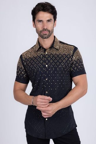 Barabas Men's Rhinestone Geometric Stretch Short Sleeve Shirt 5SST20 in Saudi Arabia