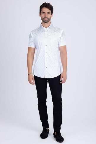 Barabas Men's Rhinestone Geometric Stretch Short Sleeve Shirt 5SST20 in Saudi Arabia