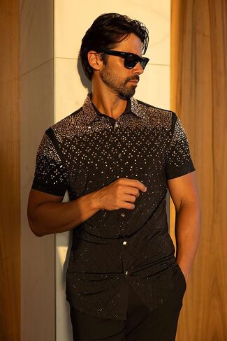 Barabas Men's Rhinestone Geometric Stretch Short Sleeve Shirt 5SST20 in Saudi Arabia