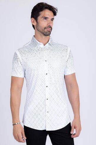 Barabas Men's Rhinestone Geometric Stretch Short Sleeve Shirt 5SST20 in Saudi Arabia