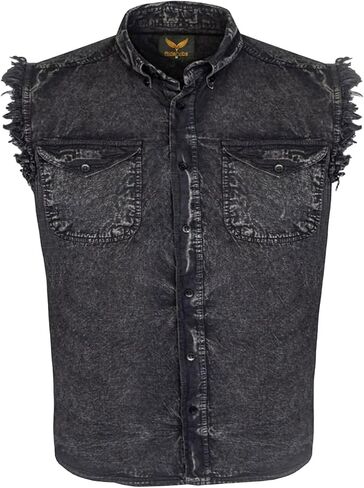 Dream Apparel Mens Cut Off Button-Down Cotton Denim Shirt Lightweight Stonewashed Frayed Sleeveless Shirt w/ 2 Chest Pockets in Kuwait