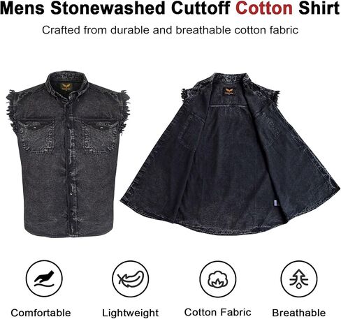 Dream Apparel Mens Cut Off Button-Down Cotton Denim Shirt Lightweight Stonewashed Frayed Sleeveless Shirt w/ 2 Chest Pockets in Kuwait