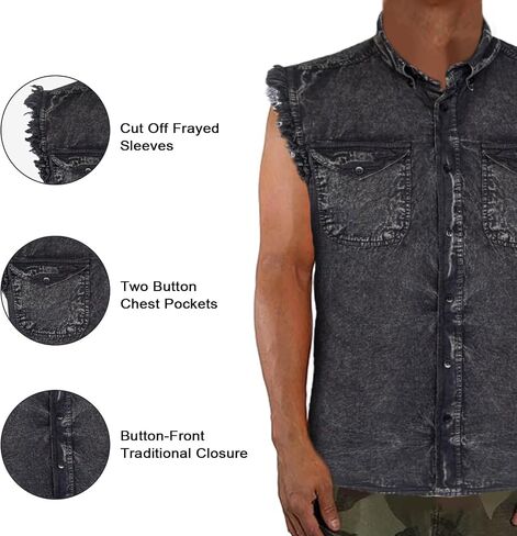 Dream Apparel Mens Cut Off Button-Down Cotton Denim Shirt Lightweight Stonewashed Frayed Sleeveless Shirt w/ 2 Chest Pockets in Kuwait