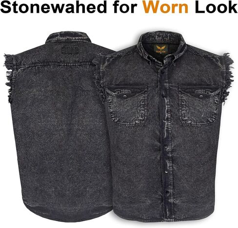 Dream Apparel Mens Cut Off Button-Down Cotton Denim Shirt Lightweight Stonewashed Frayed Sleeveless Shirt w/ 2 Chest Pockets in Kuwait