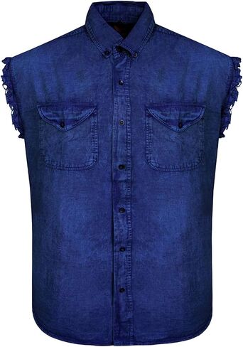 Dream Apparel Mens Cut Off Button-Down Cotton Denim Shirt Lightweight Stonewashed Frayed Sleeveless Shirt w/ 2 Chest Pockets in Kuwait