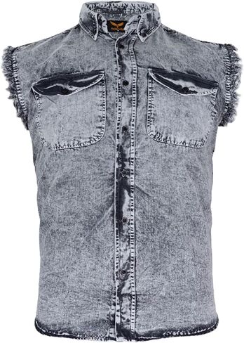 Dream Apparel Mens Cut Off Button-Down Cotton Denim Shirt Lightweight Stonewashed Frayed Sleeveless Shirt w/ 2 Chest Pockets in Kuwait