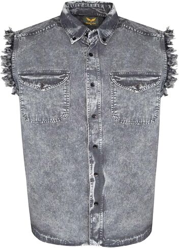 Dream Apparel Mens Cut Off Button-Down Cotton Denim Shirt Lightweight Stonewashed Frayed Sleeveless Shirt w/ 2 Chest Pockets in Kuwait
