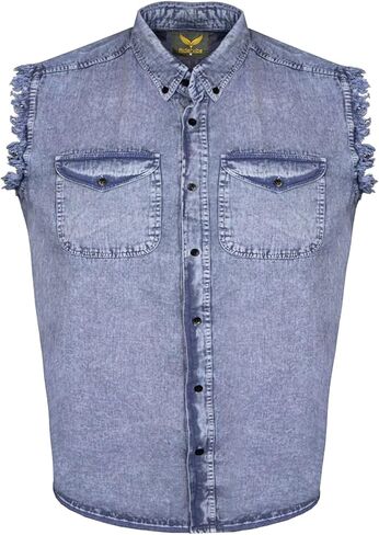 Dream Apparel Mens Cut Off Button-Down Cotton Denim Shirt Lightweight Stonewashed Frayed Sleeveless Shirt w/ 2 Chest Pockets in Kuwait