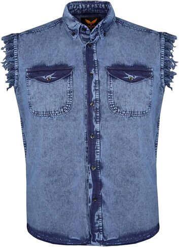 Dream Apparel Mens Cut Off Button-Down Cotton Denim Shirt Lightweight Stonewashed Frayed Sleeveless Shirt w/ 2 Chest Pockets in Kuwait